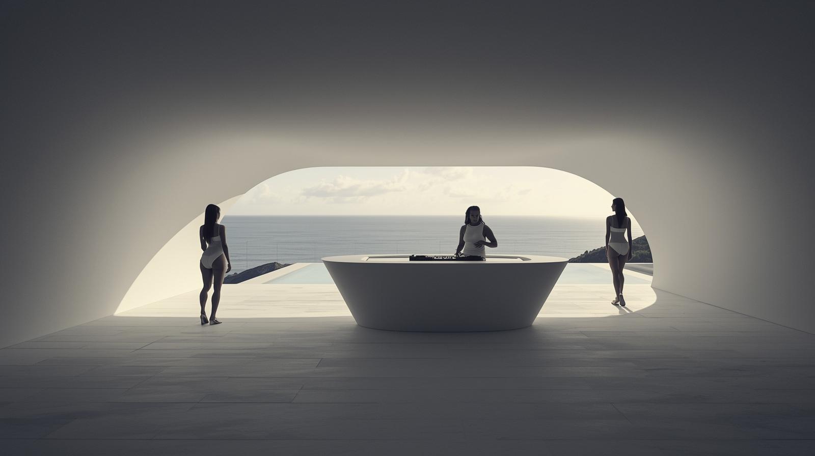 A minimalist and clean photography style capturing a sleek, futuristic DJ booth within a modern villa, overlooking a serene pool. Silhouettes of Pacific Islander women are subtly integrated around